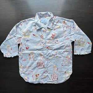 Nick & Nora VTG Blue Spa Day Rare Pajama Shirt  Cotton Beauty Relax Pinup Calm S